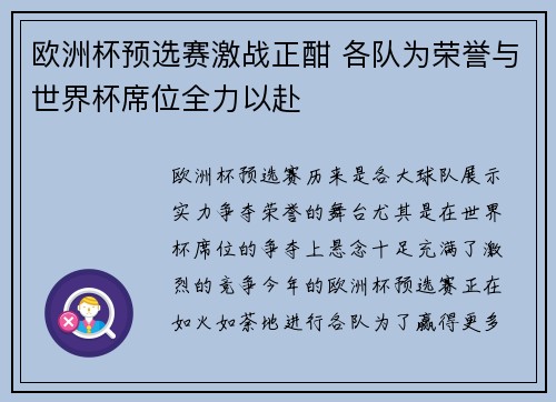 欧洲杯预选赛激战正酣 各队为荣誉与世界杯席位全力以赴