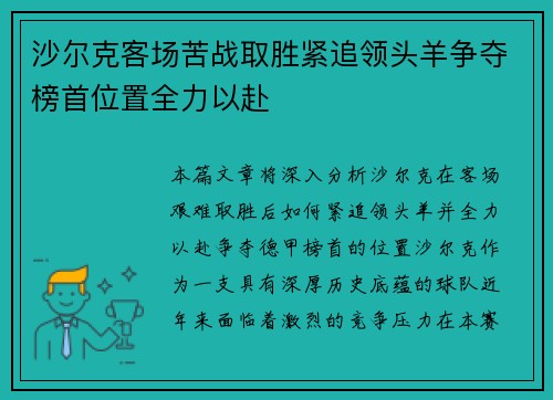 沙尔克客场苦战取胜紧追领头羊争夺榜首位置全力以赴