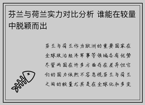 芬兰与荷兰实力对比分析 谁能在较量中脱颖而出