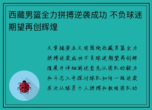 西藏男篮全力拼搏逆袭成功 不负球迷期望再创辉煌