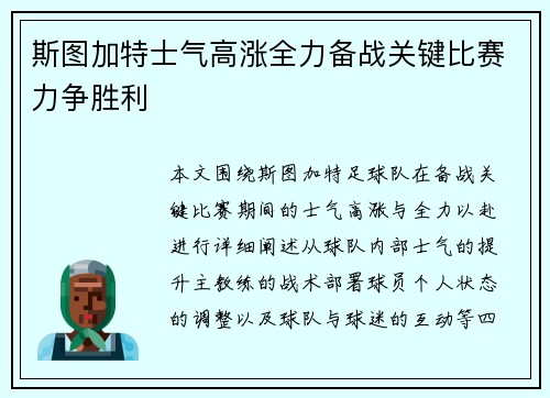 斯图加特士气高涨全力备战关键比赛力争胜利