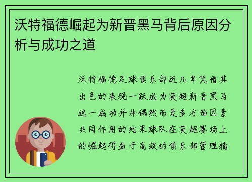 沃特福德崛起为新晋黑马背后原因分析与成功之道