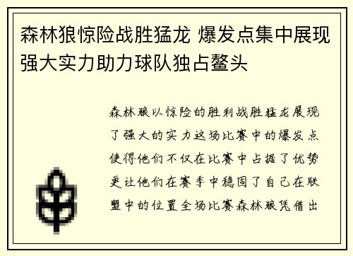 森林狼惊险战胜猛龙 爆发点集中展现强大实力助力球队独占鳌头