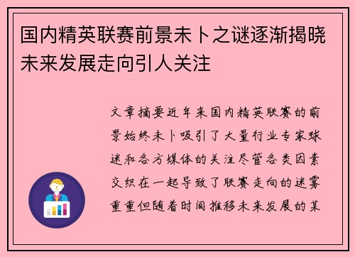 国内精英联赛前景未卜之谜逐渐揭晓未来发展走向引人关注