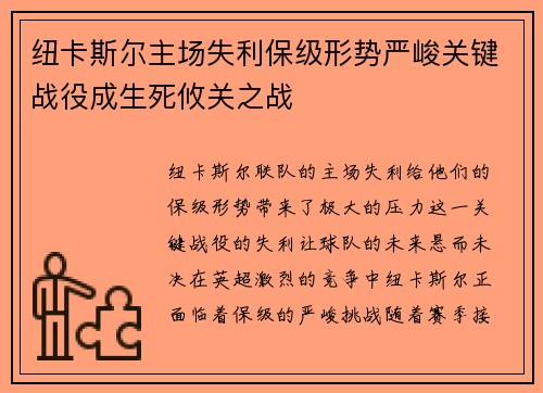 纽卡斯尔主场失利保级形势严峻关键战役成生死攸关之战