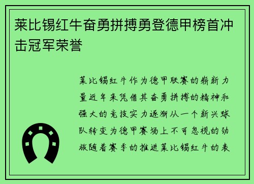 莱比锡红牛奋勇拼搏勇登德甲榜首冲击冠军荣誉