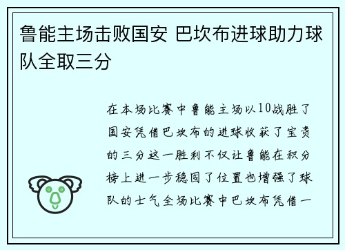 鲁能主场击败国安 巴坎布进球助力球队全取三分