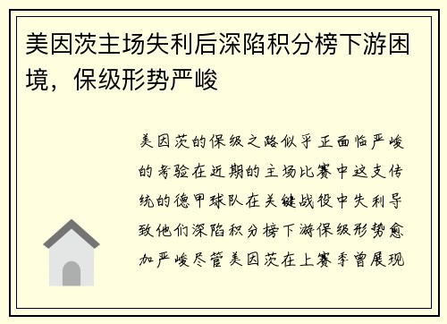 美因茨主场失利后深陷积分榜下游困境，保级形势严峻