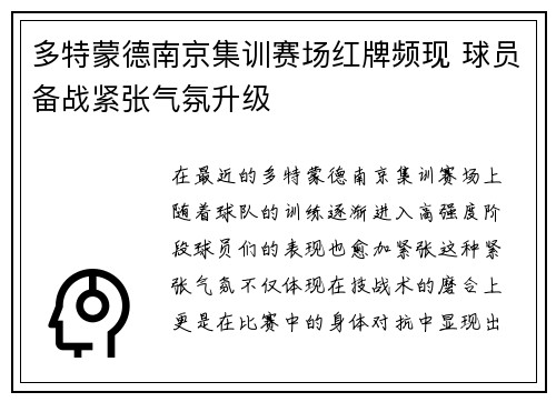 多特蒙德南京集训赛场红牌频现 球员备战紧张气氛升级
